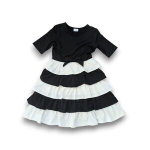 Hanna Andersson Black & White Tiered Ruffle Dress Bow Girls 160 US 14-16